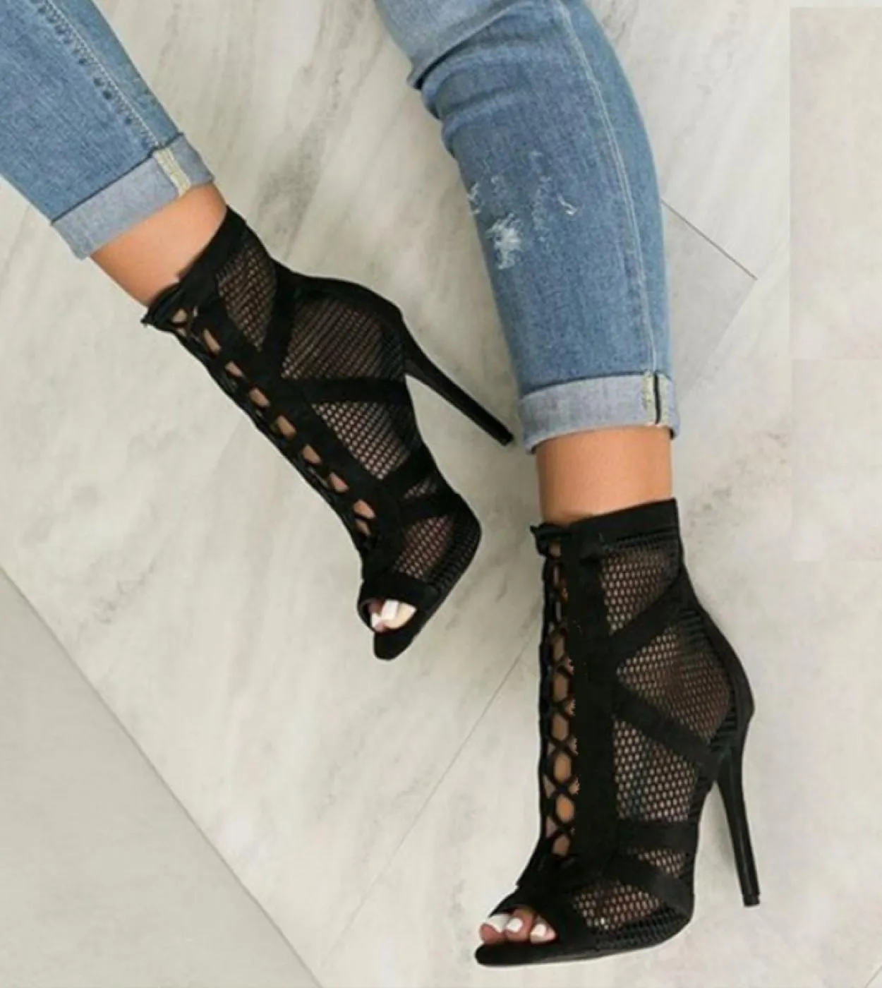 2022 Donna Fetish Mesh Sandali retrò Stivaletti 7cm 11cm Tacchi alti Gladiatore Peep Toe Sandles Summer Nightclub Low Hee