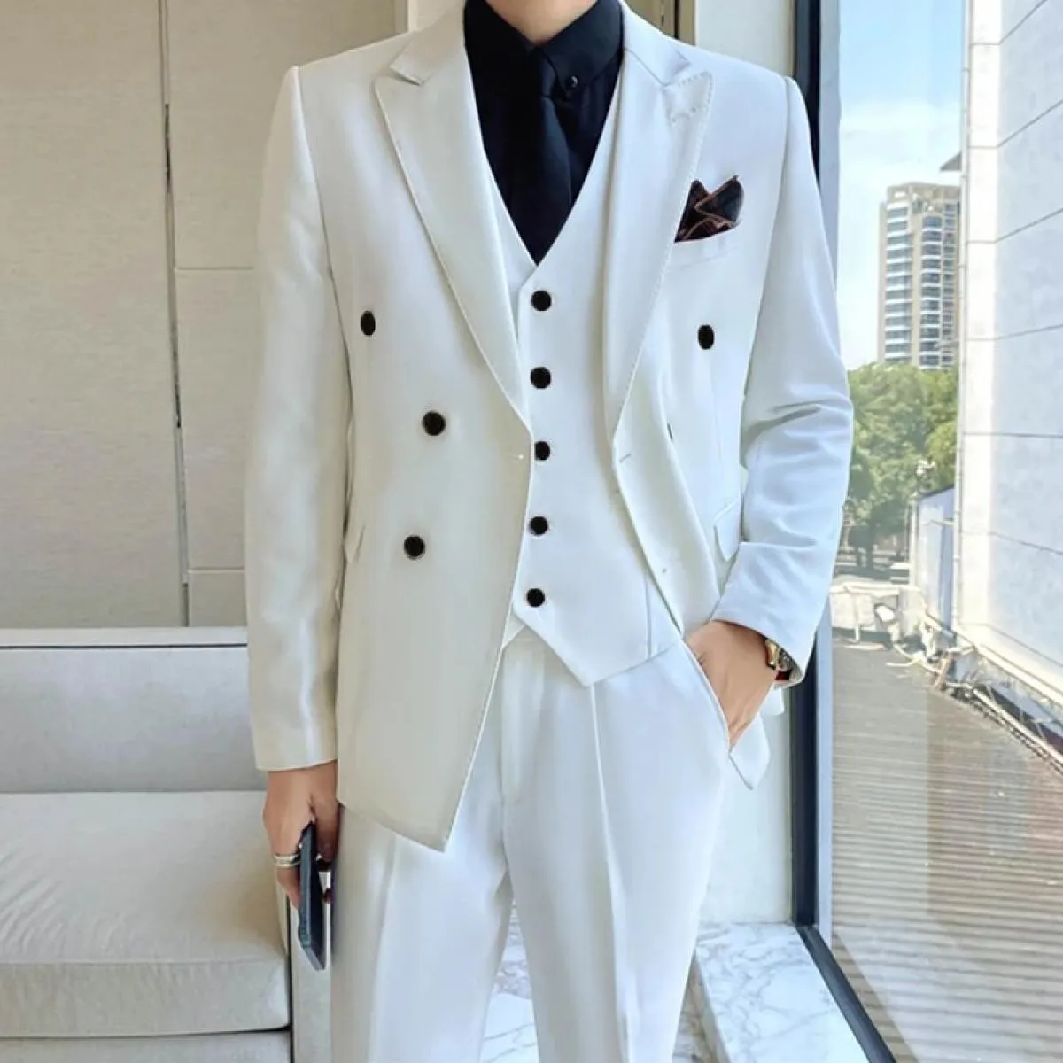 2023 Moda Nuovo Boutique da uomo Business Slim Wedding a righe doppiopetto Completo Blazer Giacca Pantaloni Pantaloni Gilet 3