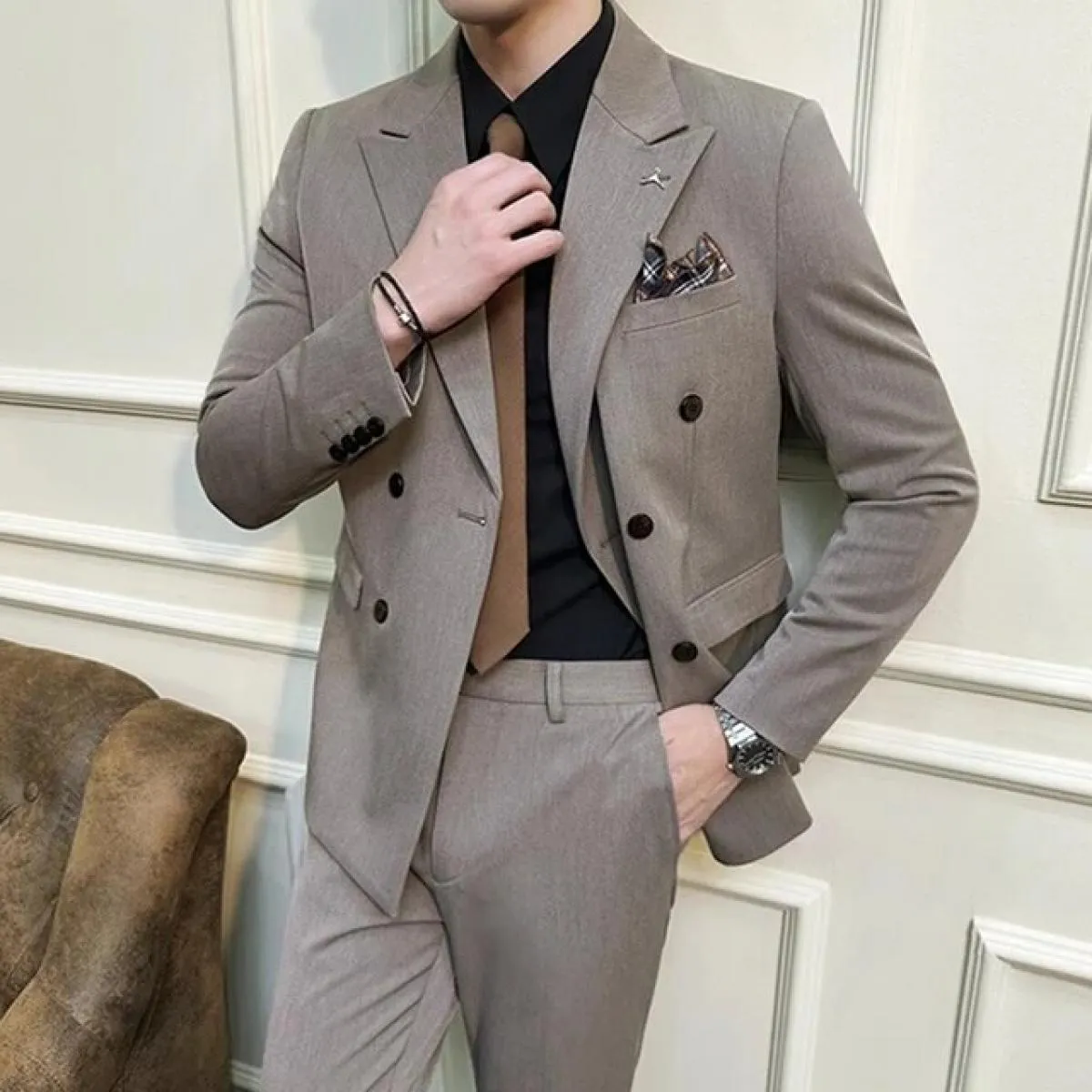 2023 Moda Nuovo Boutique da uomo Business Slim Wedding a righe doppiopetto Completo Blazer Giacca Pantaloni Pantaloni Gilet 3