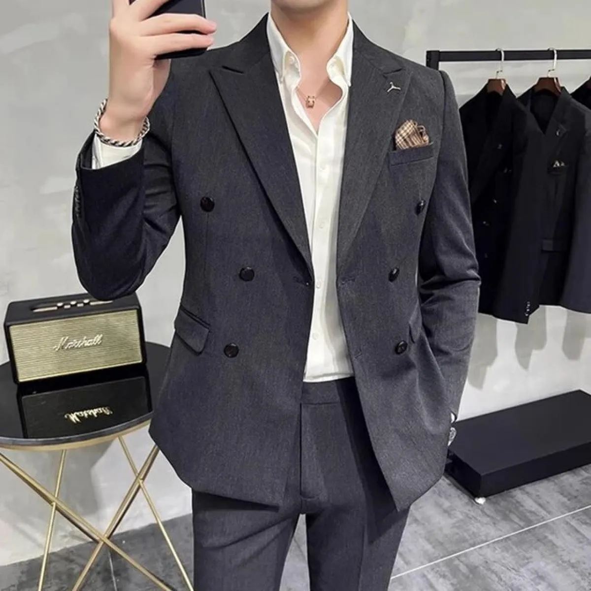 2023 Moda Nuovo Boutique da uomo Business Slim Wedding a righe doppiopetto Completo Blazer Giacca Pantaloni Pantaloni Gilet 3