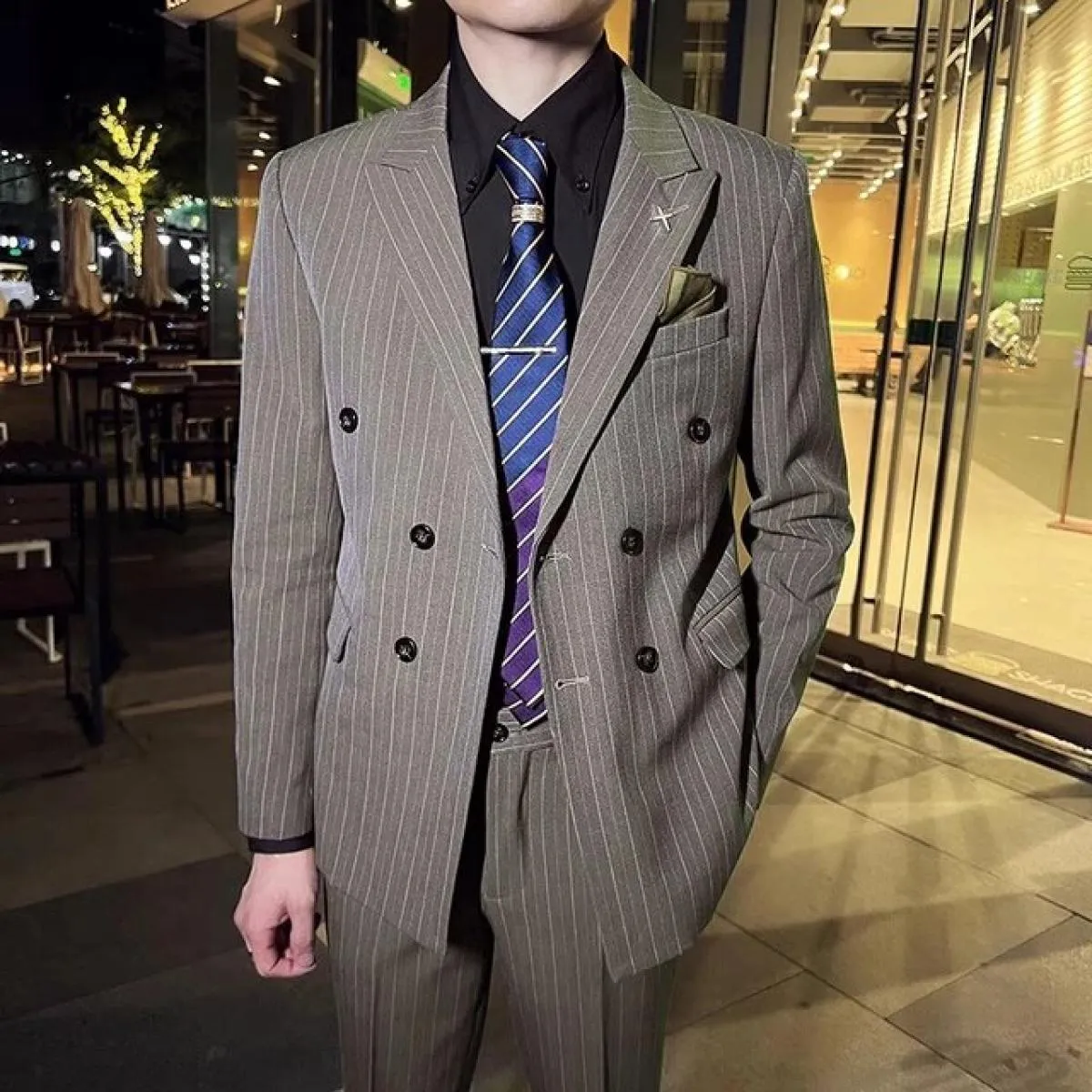 2023 Moda Nuovo Boutique da uomo Business Slim Wedding a righe doppiopetto Completo Blazer Giacca Pantaloni Pantaloni Gilet 3