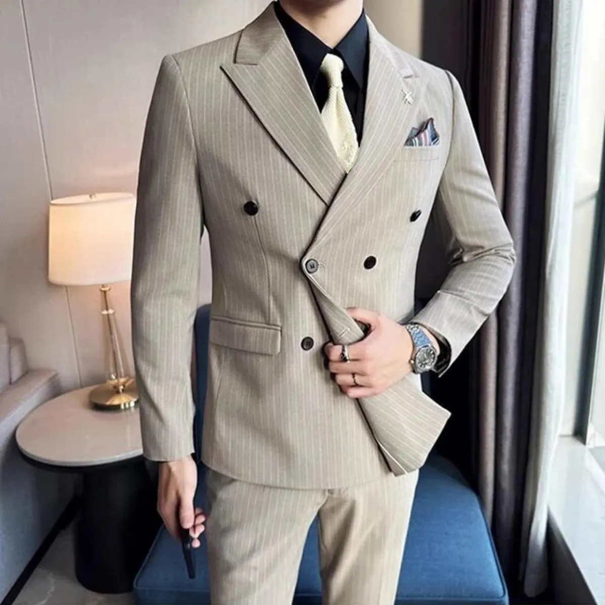 2023 Moda Nuovo Boutique da uomo Business Slim Wedding a righe doppiopetto Completo Blazer Giacca Pantaloni Pantaloni Gilet 3