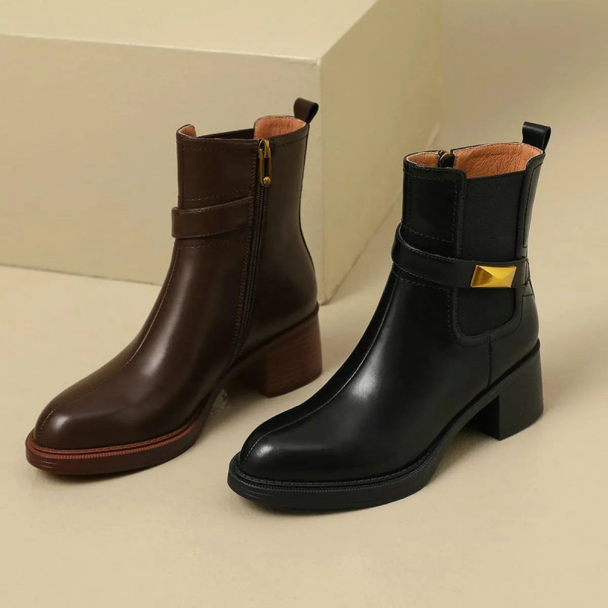 2024 Donne Spesse Tacchi Alti Stivaletti Punta Arrotondata Scarpe di Pelle Genuina Donna Autunno Inverno Concise Taglia 34 40