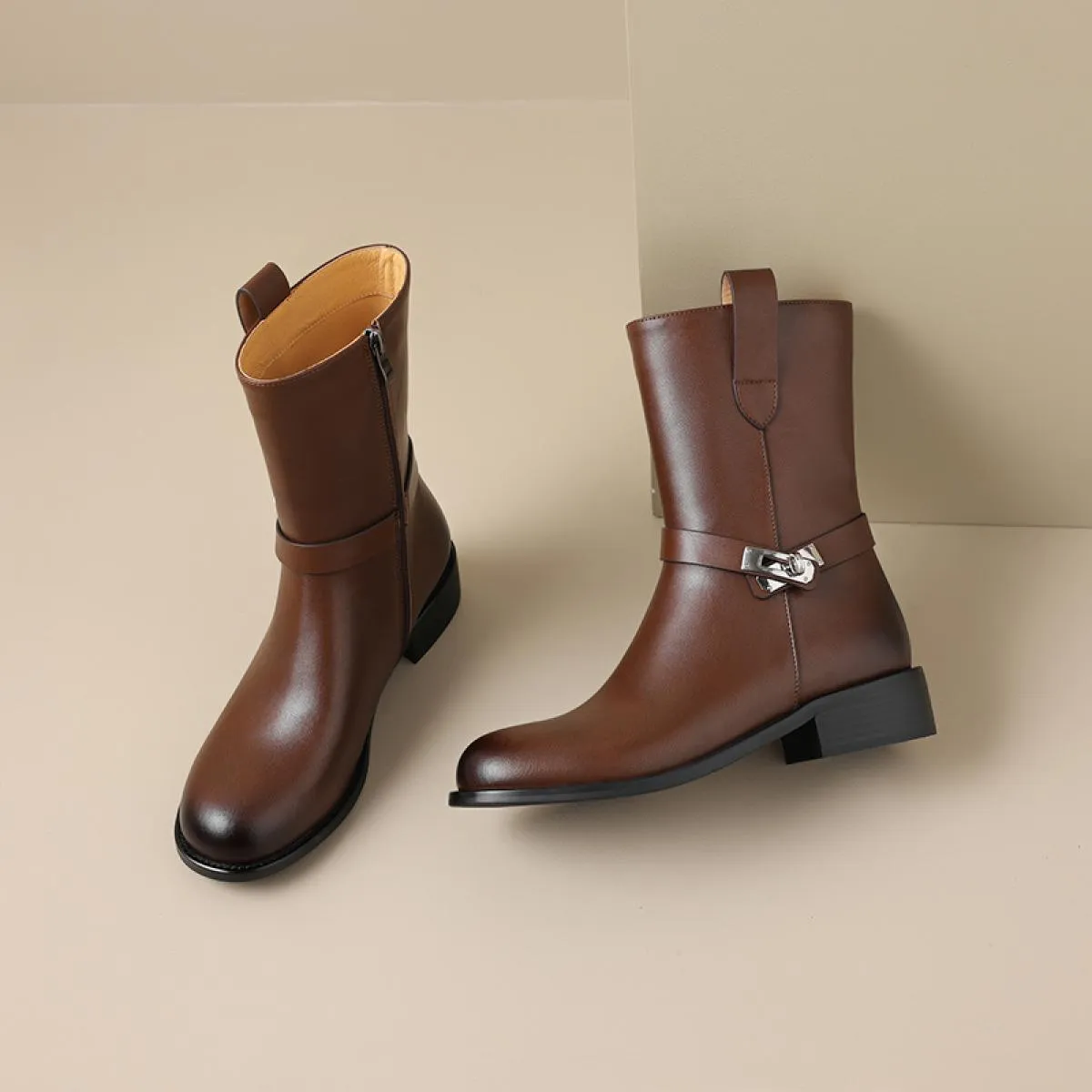 2024 Stivaletti da donna casual Primavera Inverno Vera pelle Tacchi bassi spessi Piattaforme Scarpe da donna Taglia 34 43