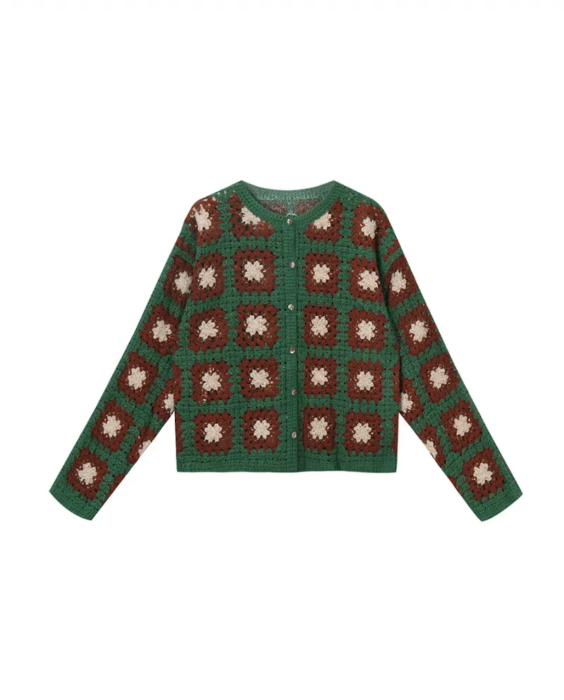 23 Autunno Nuova trama tridimensionale all'uncinetto Colore abbinato Fibbia a conchiglia Giacca maglione retrò pigro Cardigan la