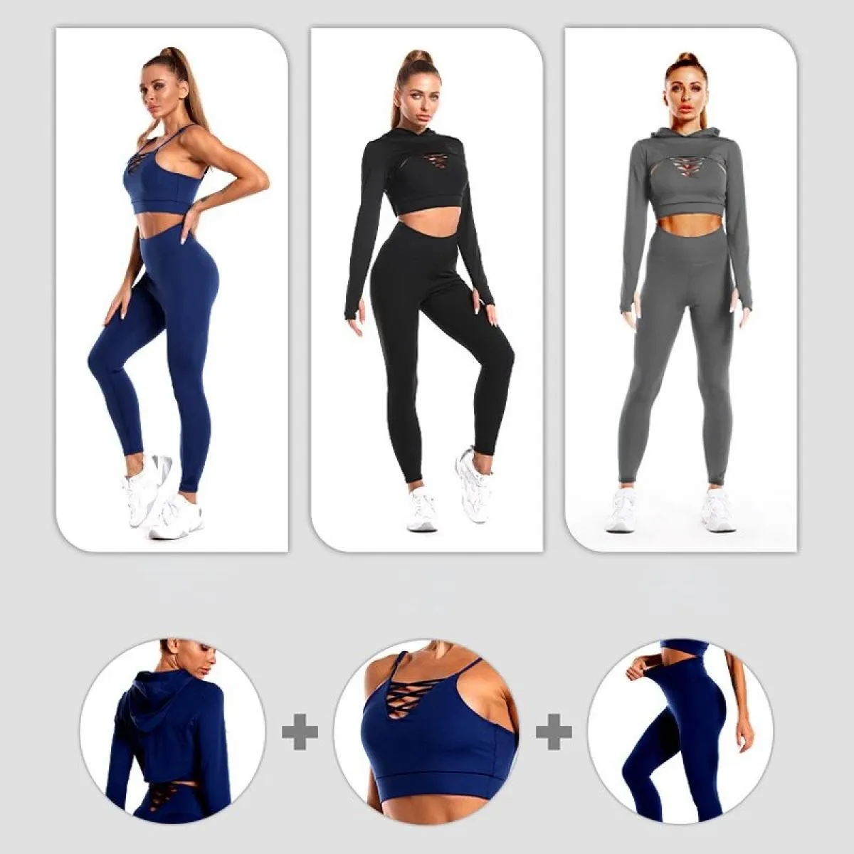 3 pezzi Set da yoga senza cuciture Sport Fitness Vita alta Sollevamento dell'anca Modellatura Corsa Abbigliamento sportivo Abbig