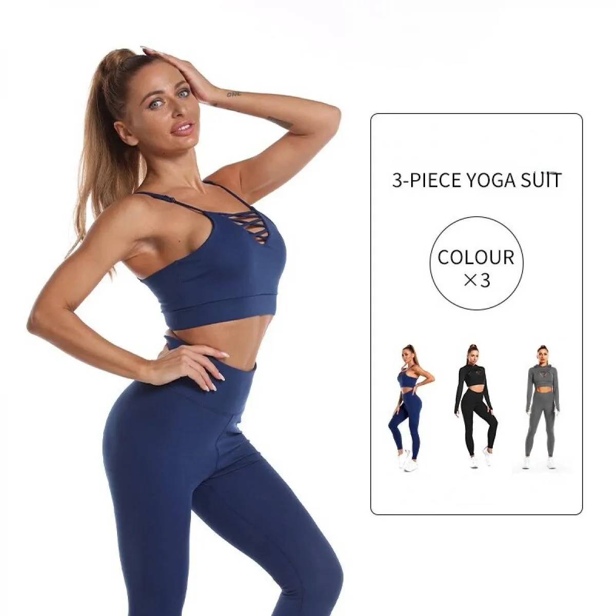 3 pezzi Set da yoga senza cuciture Sport Fitness Vita alta Sollevamento dell'anca Modellatura Corsa Abbigliamento sportivo Abbig