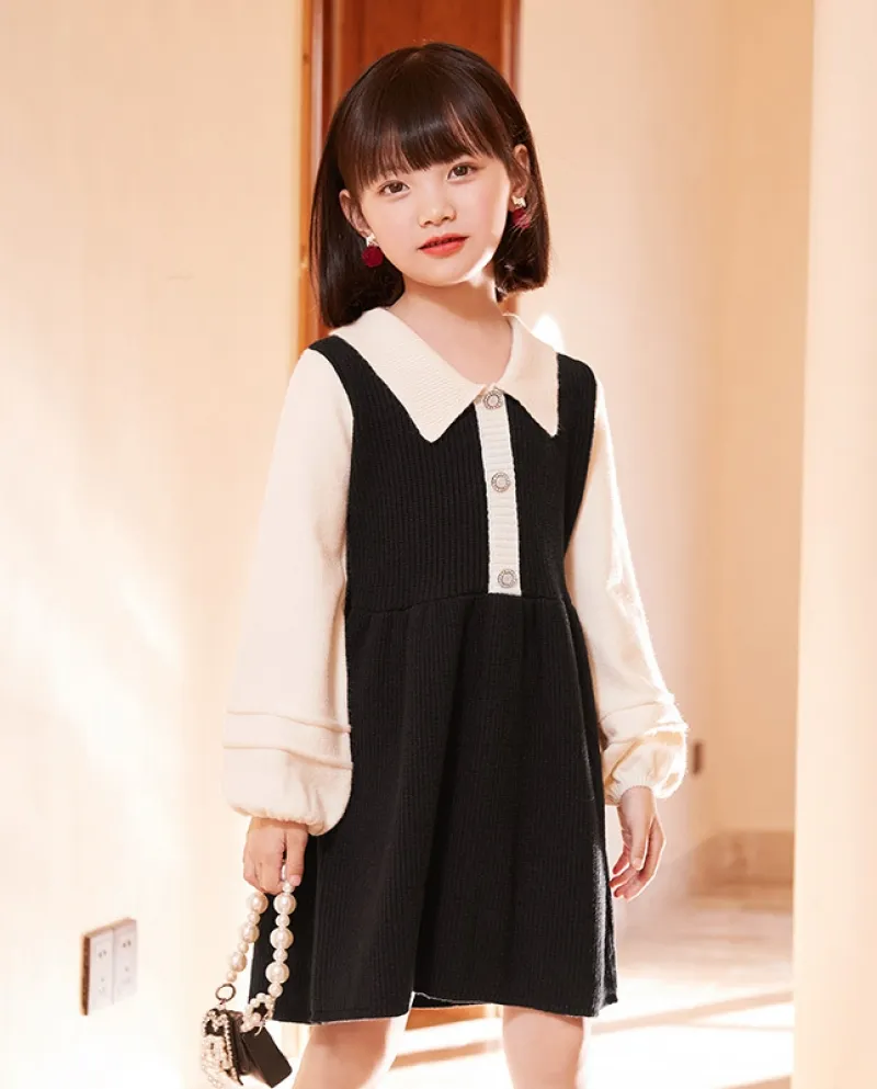 Abbigliamento per bambini Abito maglione a maniche lunghe lavorato a maglia con vita autunnale per ragazze nuove
