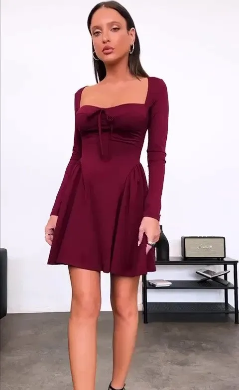 Abito Corto Elegante Scollo Barca Manica Lunga Vestito Casual Laccetto in 4 Colori - 6824