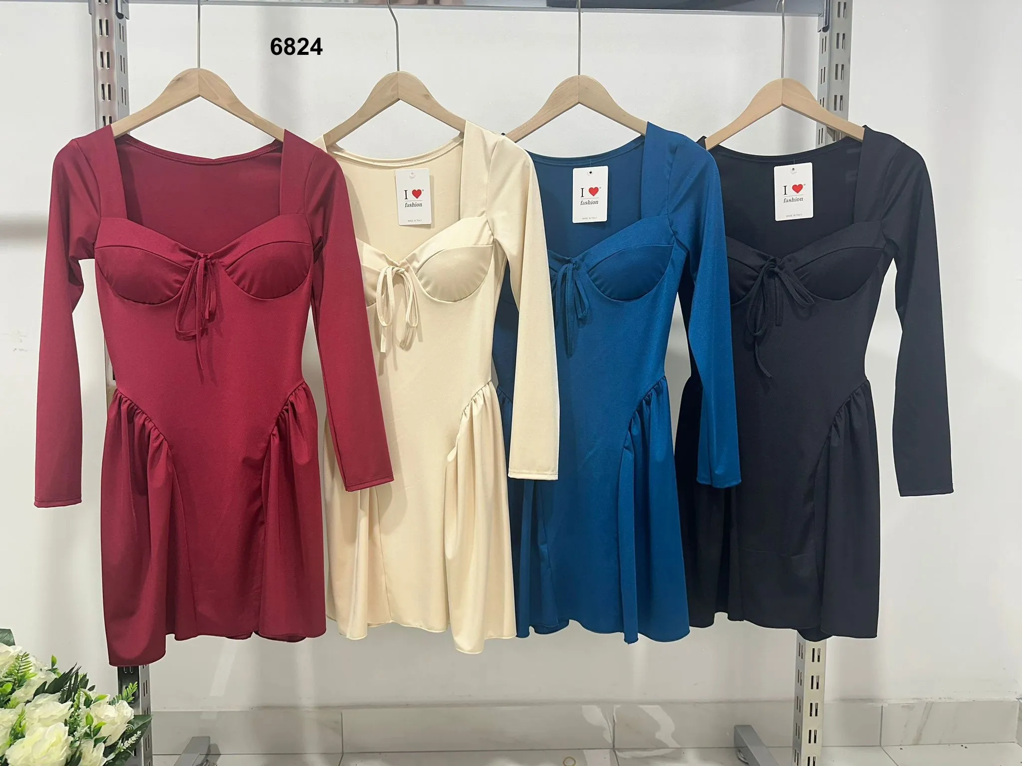 Abito Corto Elegante Scollo Barca Manica Lunga Vestito Casual Laccetto in 4 Colori - 6824