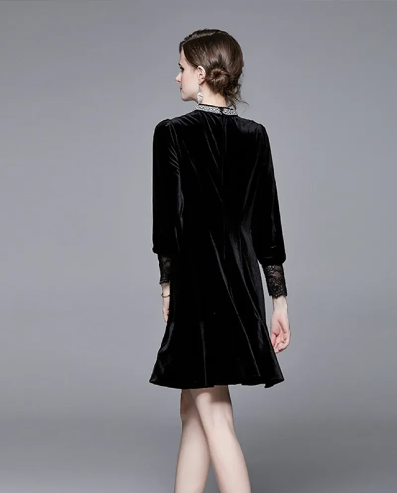 Abito da donna nero moda sottile in velluto con perline stile celebrità di nuova moda
