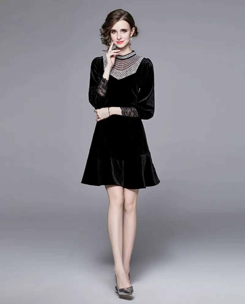Abito da donna nero moda sottile in velluto con perline stile celebrità di nuova moda