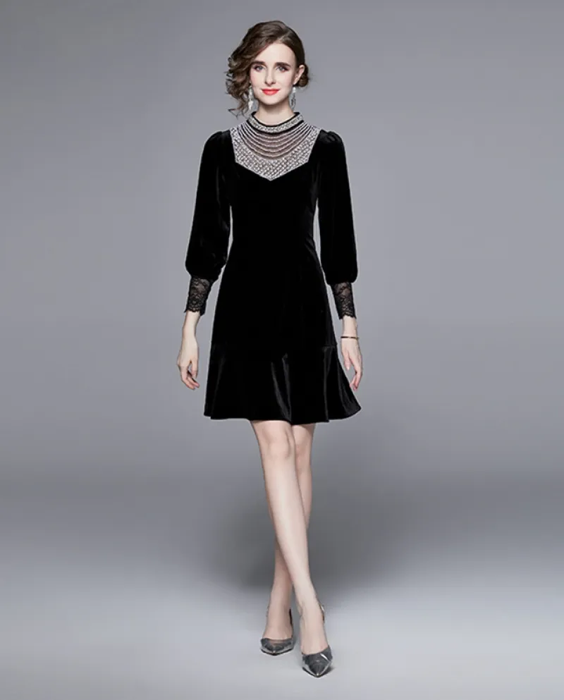 Abito da donna nero moda sottile in velluto con perline stile celebrità di nuova moda