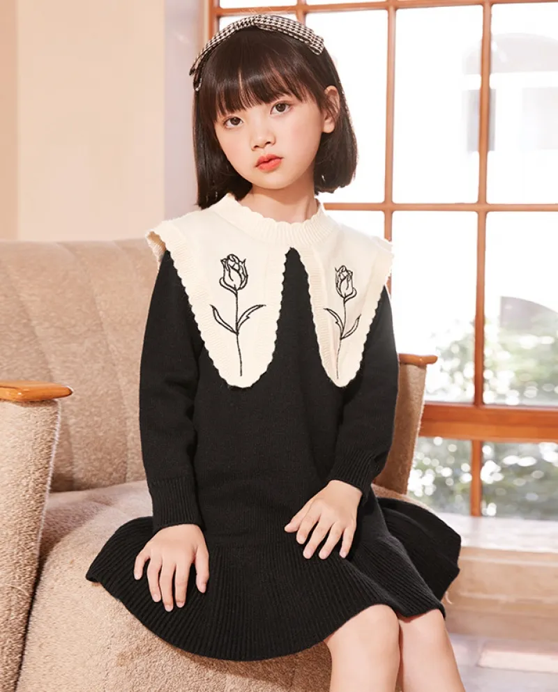 Abito lavorato a maglia con gonna per bambini in maglione di fiori ricamato autunno e inverno per ragazze
