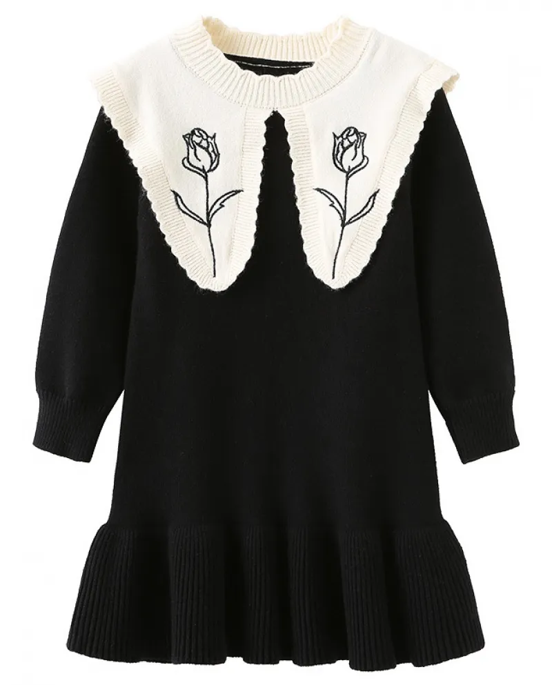 Abito lavorato a maglia con gonna per bambini in maglione di fiori ricamato autunno e inverno per ragazze
