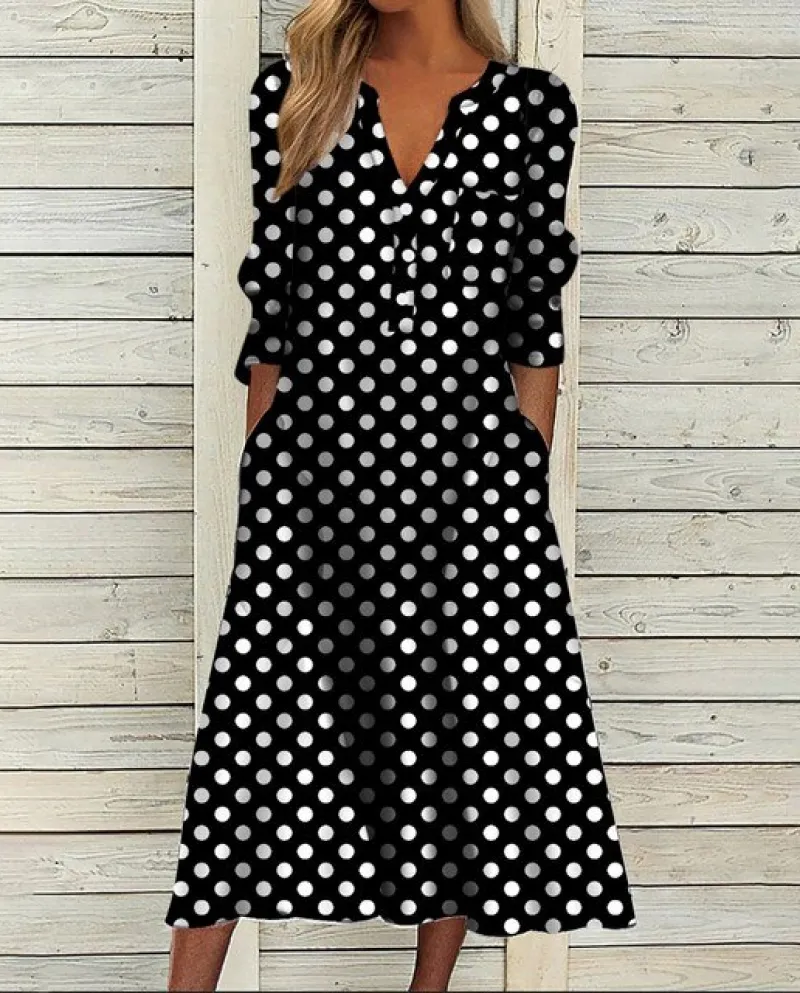 Abito longuette da donna Abito casual con scollo a V a maniche lunghe Abito autunnale Tasca Abito lungo fluido Abito da festa Ve