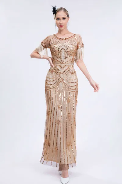 Abito lungo Gatsby champagne con perline e frange