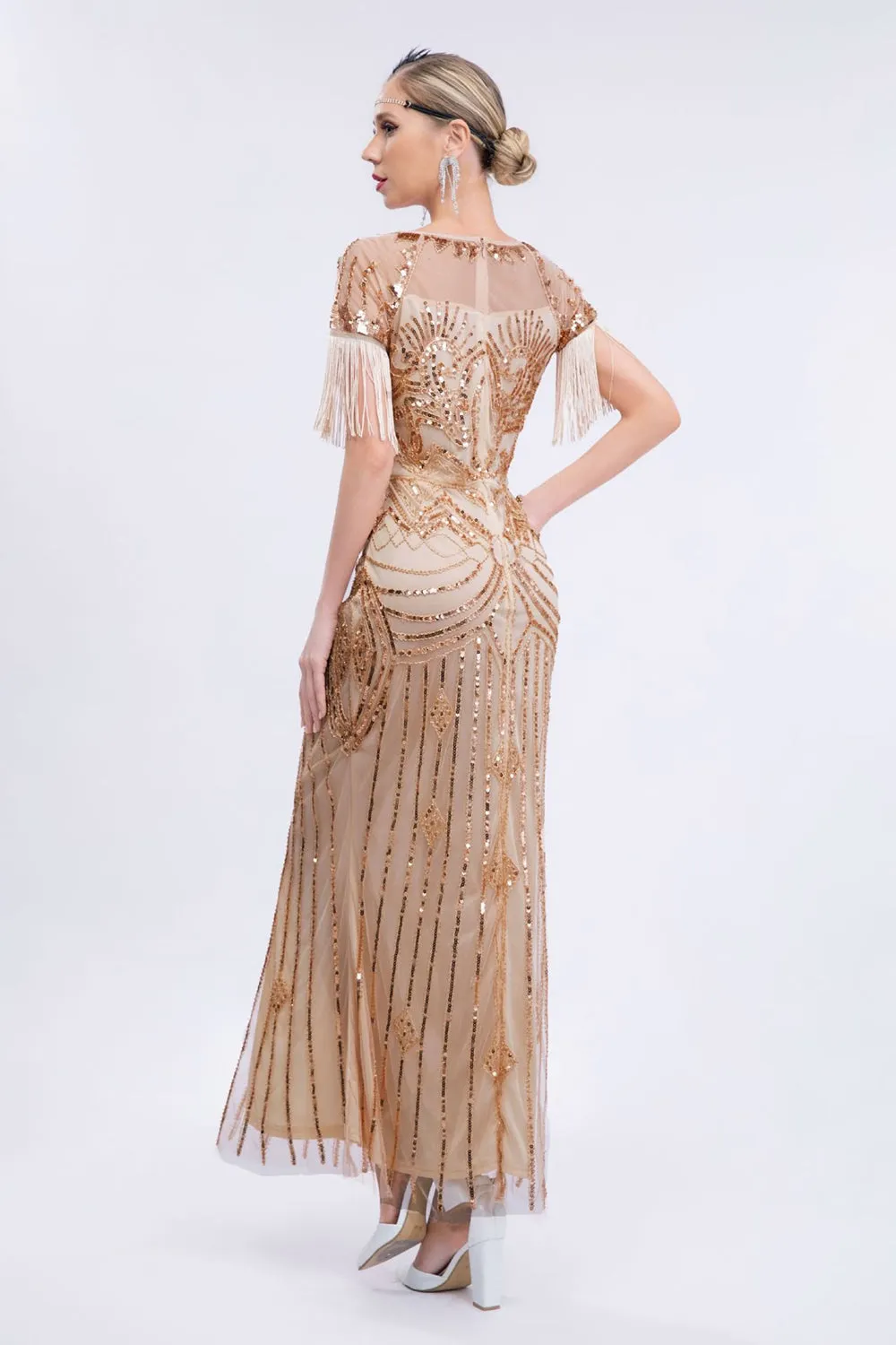 Abito lungo Gatsby champagne con perline e frange