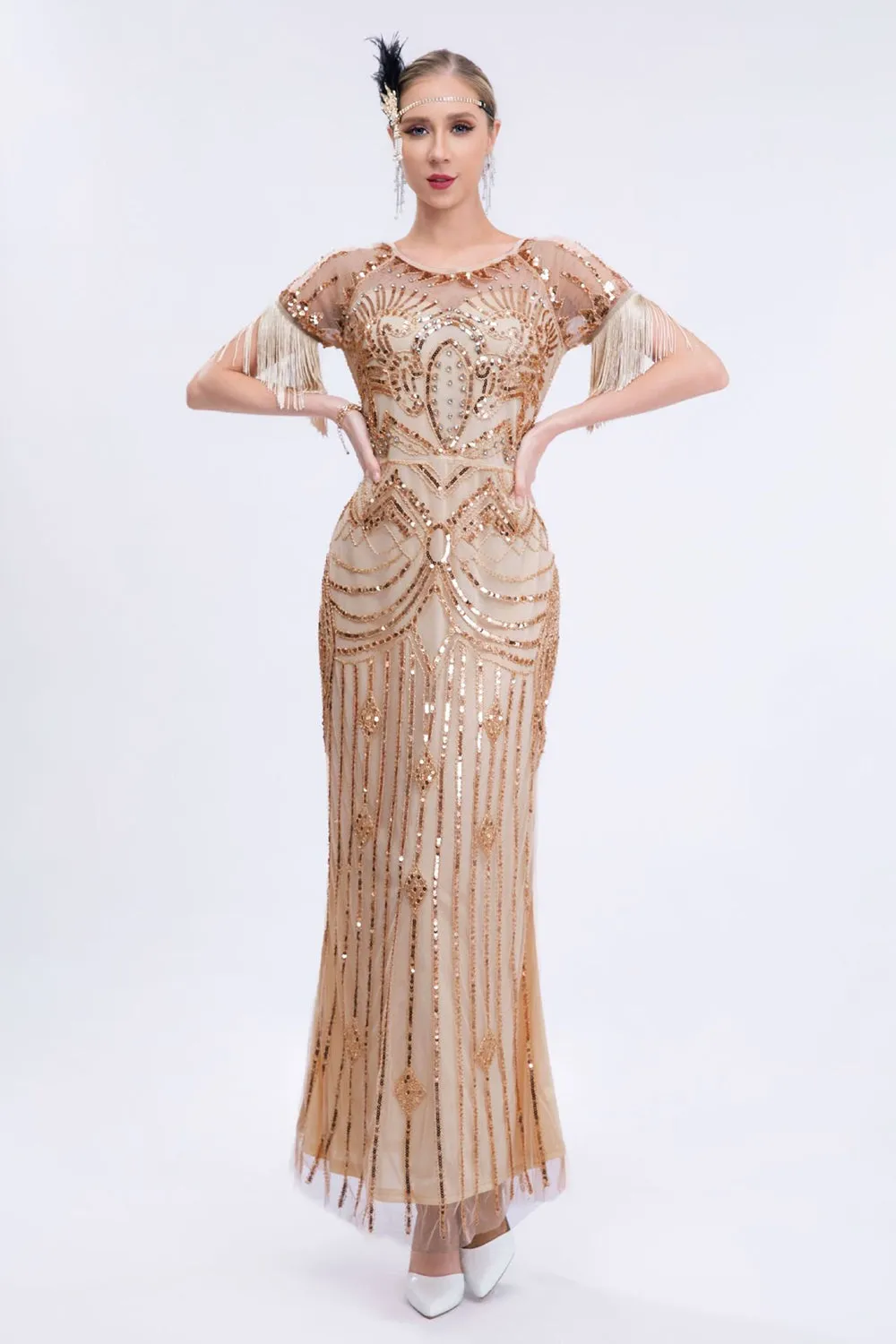 Abito lungo Gatsby champagne con perline e frange