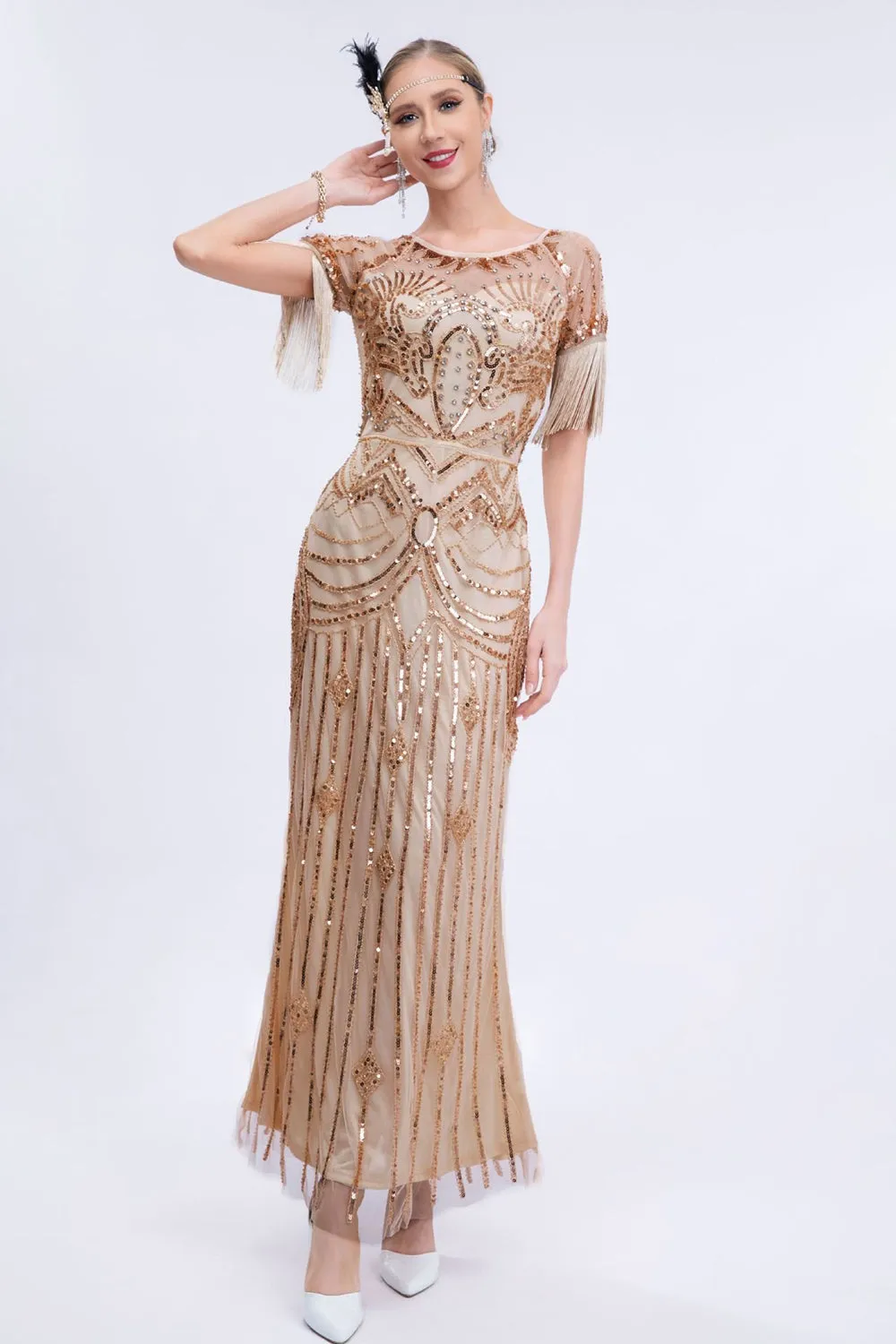 Abito lungo Gatsby champagne con perline e frange