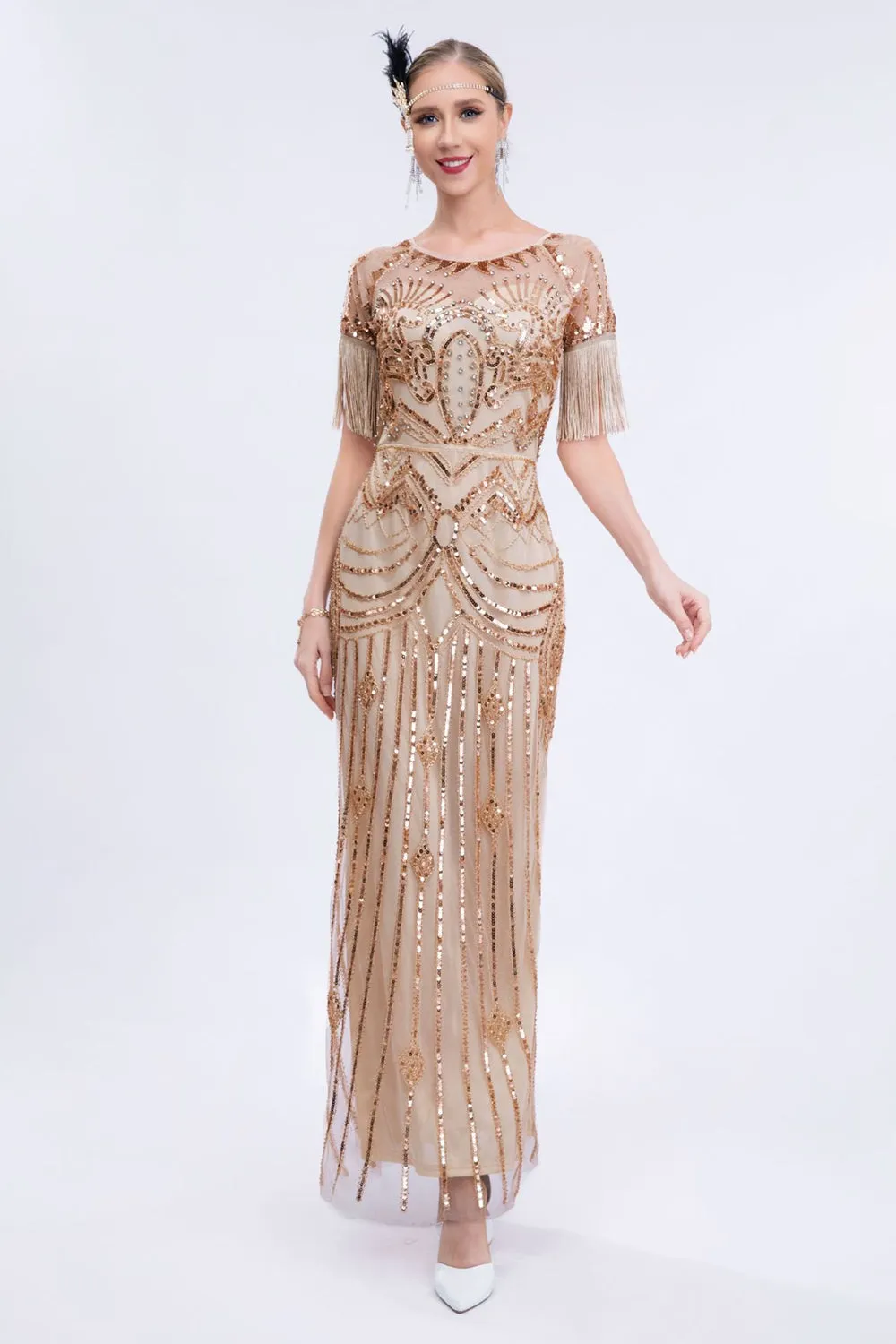 Abito lungo Gatsby champagne con perline e frange