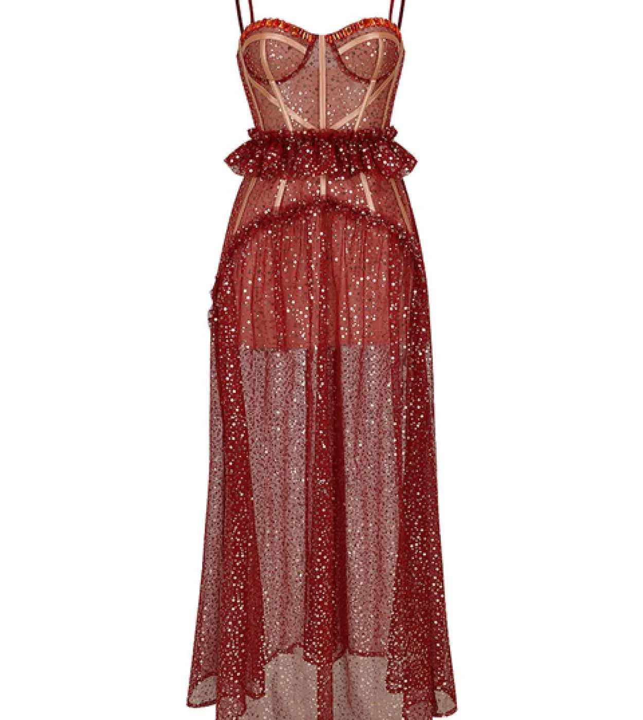 Abito lungo rosso con paillettes senza spalline Sconto Abito lungo rosso con paillettes senza maniche