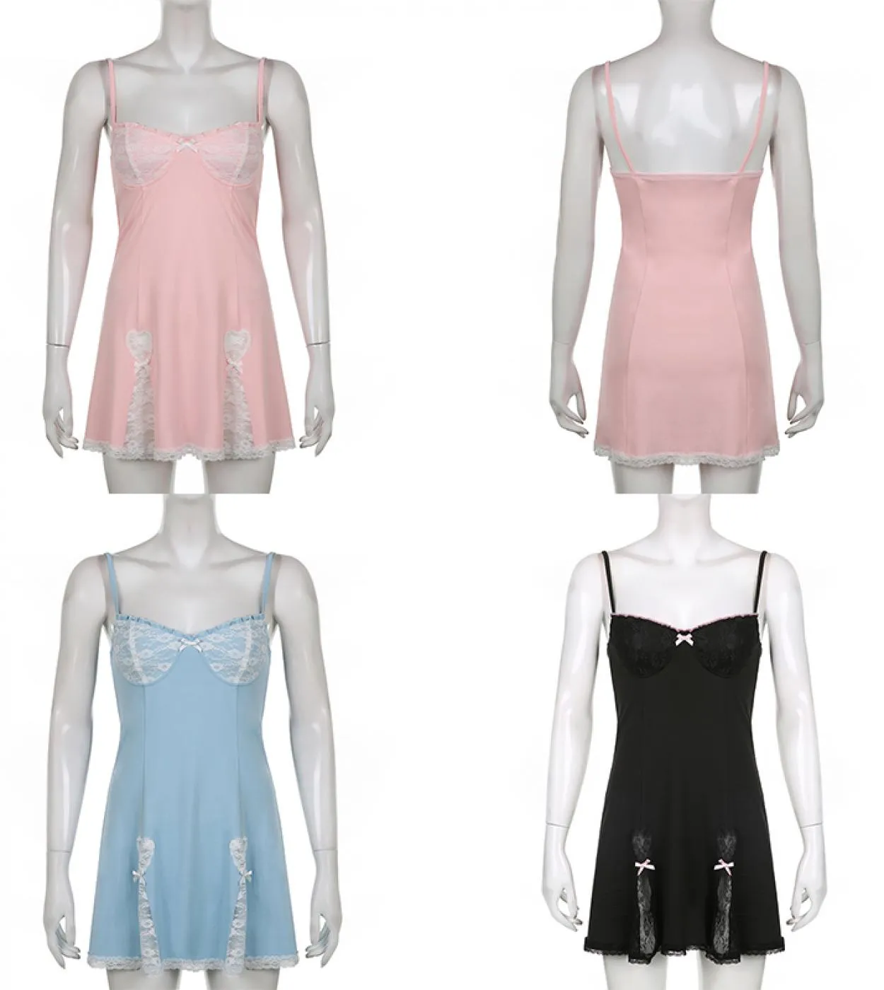 Abito patchwork in pizzo Abito estivo Kawaii senza maniche rosa Abito estetico stile dolce Abito da spiaggia  Caldo