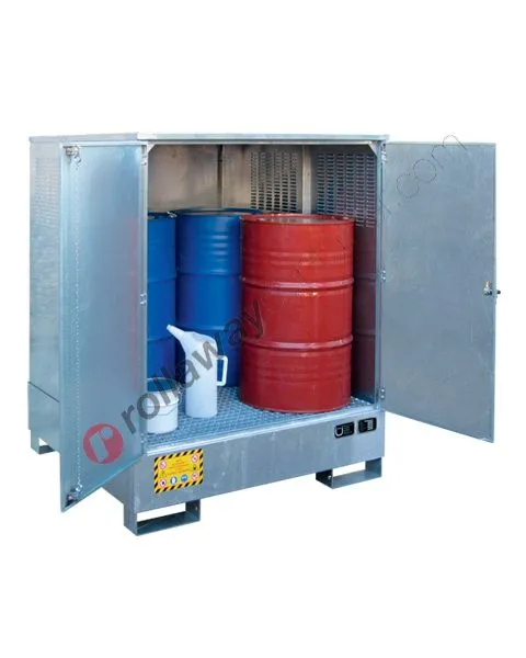 Armadio di stoccaggio in acciaio zincato 1395 x 1310 x 1660 mm con vasca di raccolta per 4 fusti da 200 lt