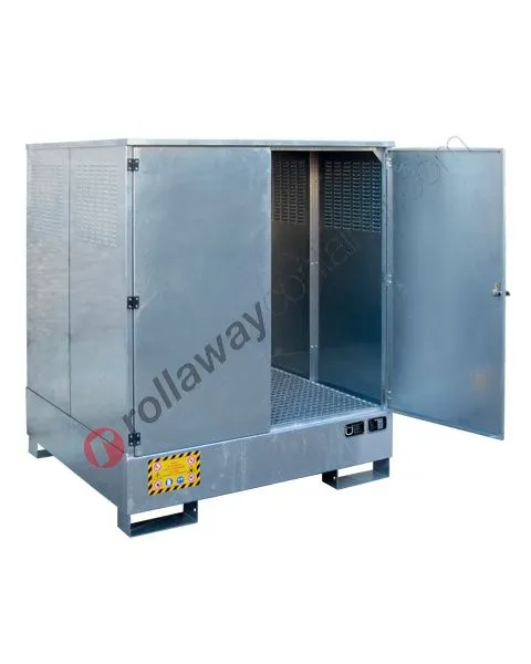 Armadio di stoccaggio in acciaio zincato 1395 x 1310 x 1660 mm con vasca di raccolta per 4 fusti da 200 lt