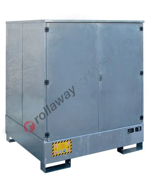 Armadio di stoccaggio in acciaio zincato 1395 x 1310 x 1660 mm con vasca di raccolta per 4 fusti da 200 lt