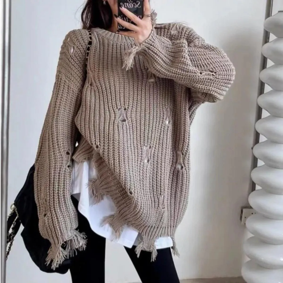 Autunno Donna Foro Nappa Maglione allentato irregolare 2023 Maglia a maniche lunghe Oversize Pullover Maglieria femminile Street