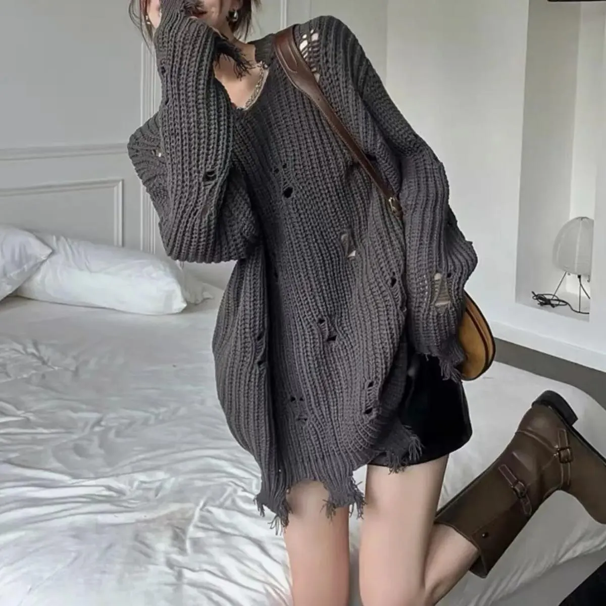Autunno Donna Foro Nappa Maglione allentato irregolare 2023 Maglia a maniche lunghe Oversize Pullover Maglieria femminile Street