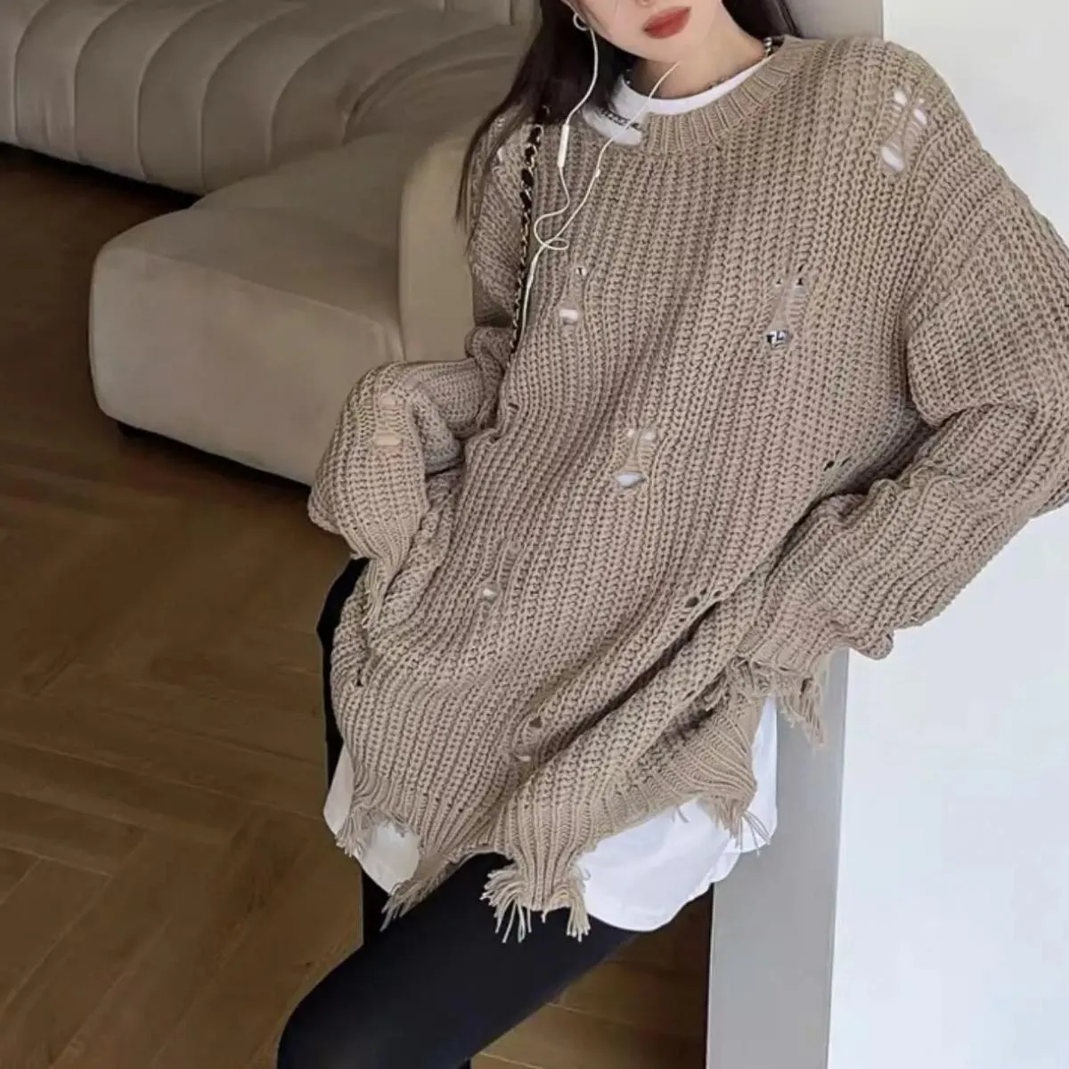 Autunno Donna Foro Nappa Maglione allentato irregolare 2023 Maglia a maniche lunghe Oversize Pullover Maglieria femminile Street