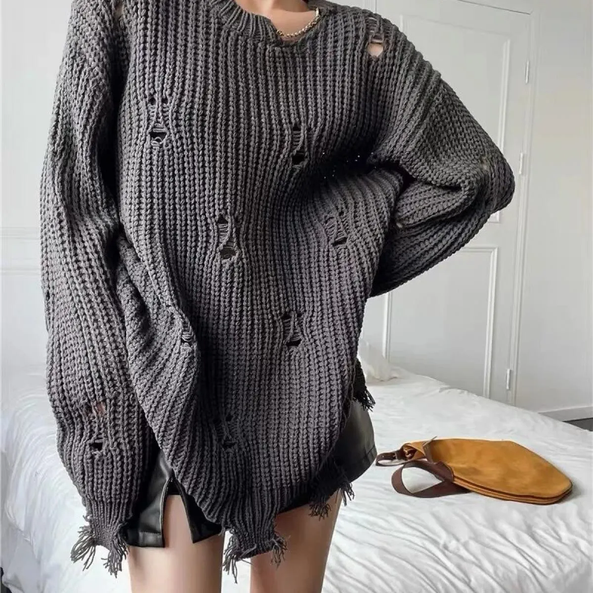 Autunno Donna Foro Nappa Maglione allentato irregolare 2023 Maglia a maniche lunghe Oversize Pullover Maglieria femminile Street