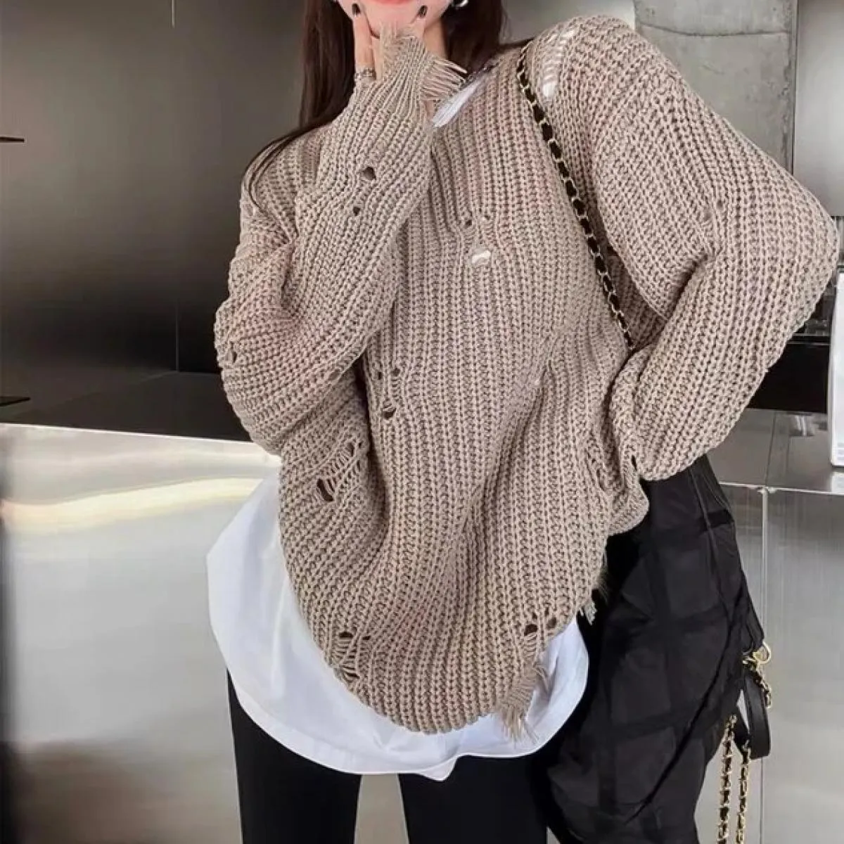 Autunno Donna Foro Nappa Maglione allentato irregolare 2023 Maglia a maniche lunghe Oversize Pullover Maglieria femminile Street