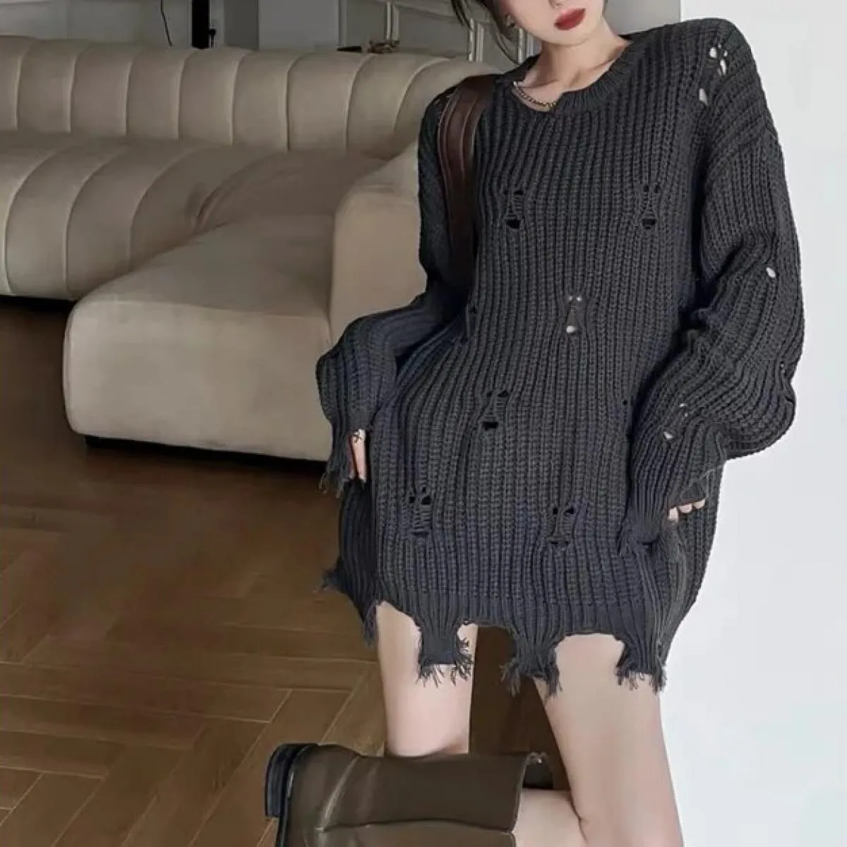 Autunno Donna Foro Nappa Maglione allentato irregolare 2023 Maglia a maniche lunghe Oversize Pullover Maglieria femminile Street