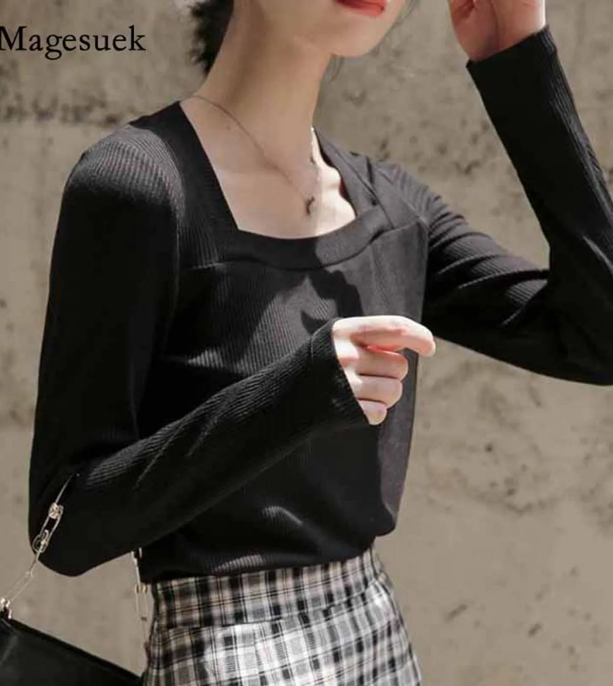 Autunno Solido Pullover Camicie Donna Francese Retro Slim Fit Colletto quadrato Manica lunga Maglione lavorato a maglia Camicett