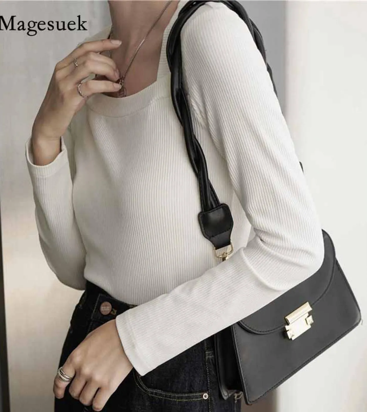 Autunno Solido Pullover Camicie Donna Francese Retro Slim Fit Colletto quadrato Manica lunga Maglione lavorato a maglia Camicett