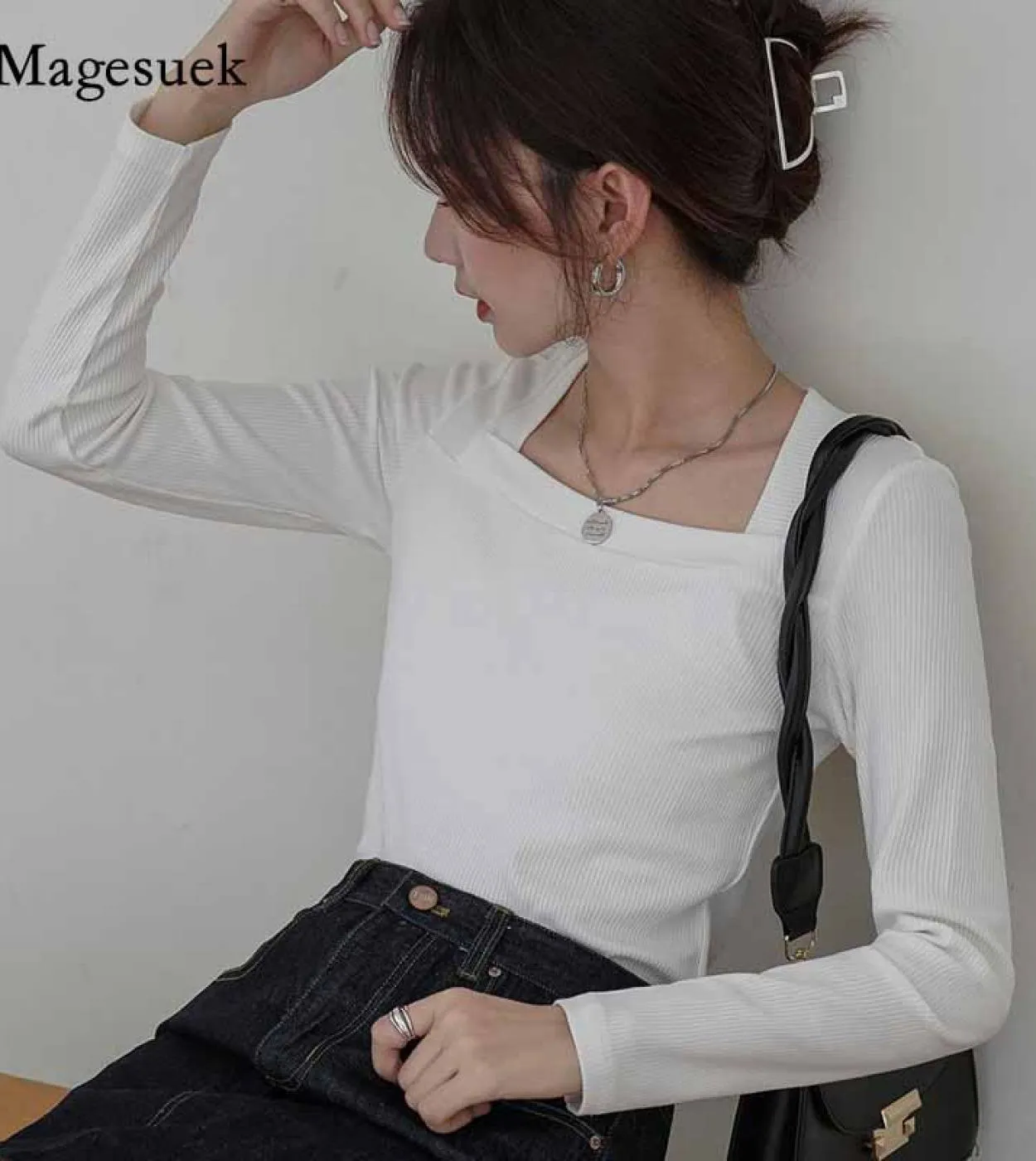 Autunno Solido Pullover Camicie Donna Francese Retro Slim Fit Colletto quadrato Manica lunga Maglione lavorato a maglia Camicett
