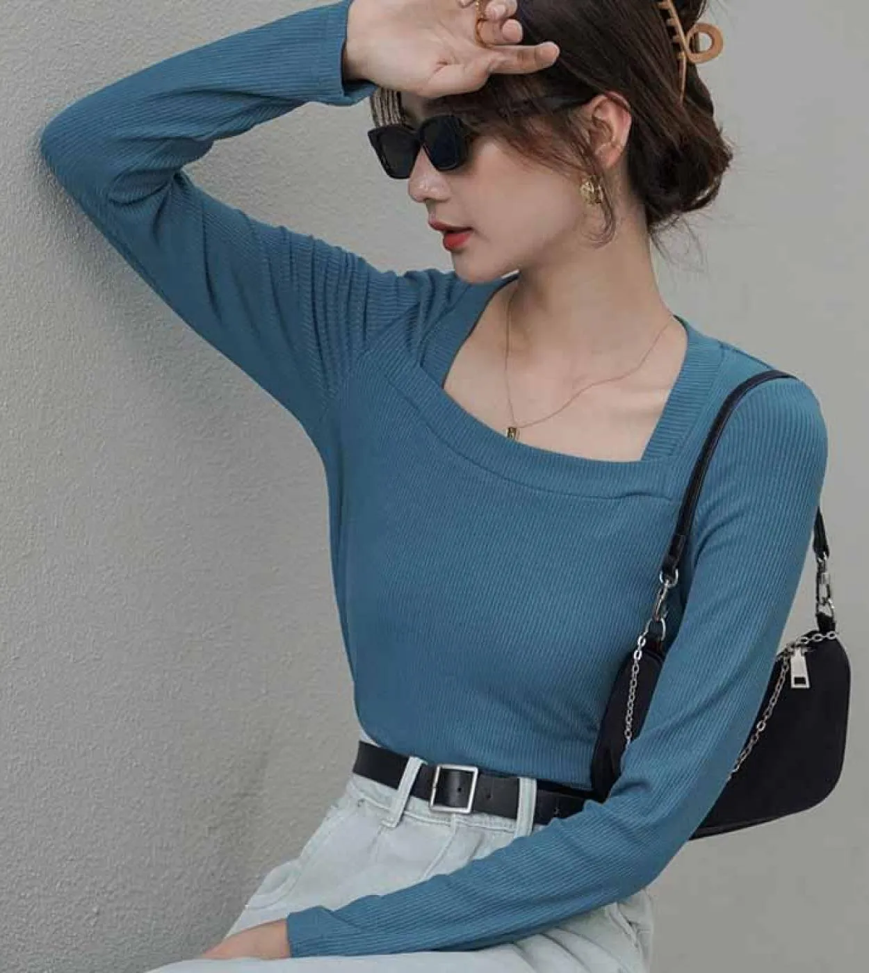 Autunno Solido Pullover Camicie Donna Francese Retro Slim Fit Colletto quadrato Manica lunga Maglione lavorato a maglia Camicett