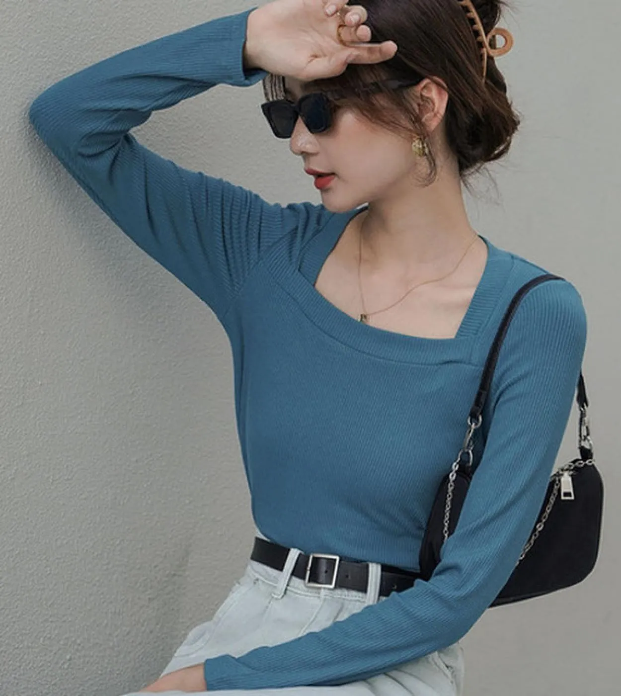 Autunno Solido Pullover Camicie Donna Francese Retro Slim Fit Colletto quadrato Manica lunga Maglione lavorato a maglia Camicett