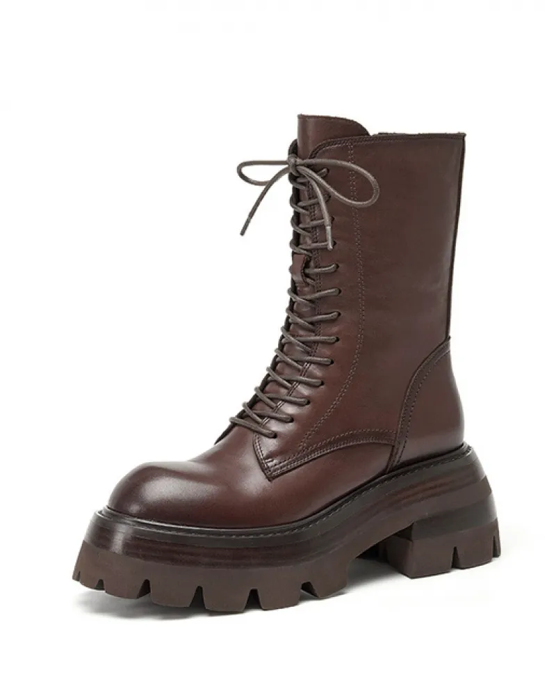 Beautoday Stivali con plateau Donna Stivaletti in pelle di vitello Punta tonda Zip laterale Scarpe da cavaliere incrociate fatte