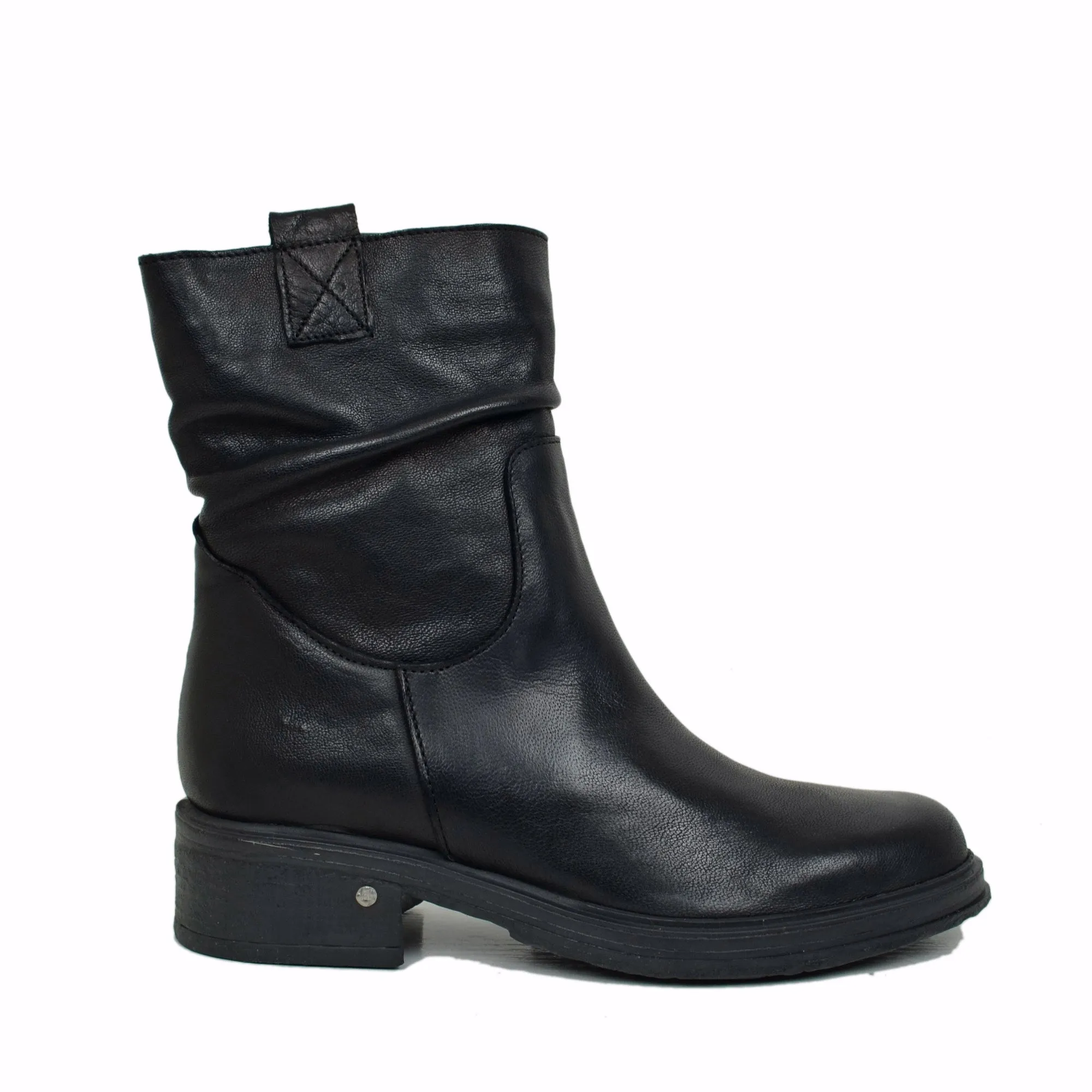 Biker Vera Pelle Effetto Washed Nera Caviglia Fondo Gomma