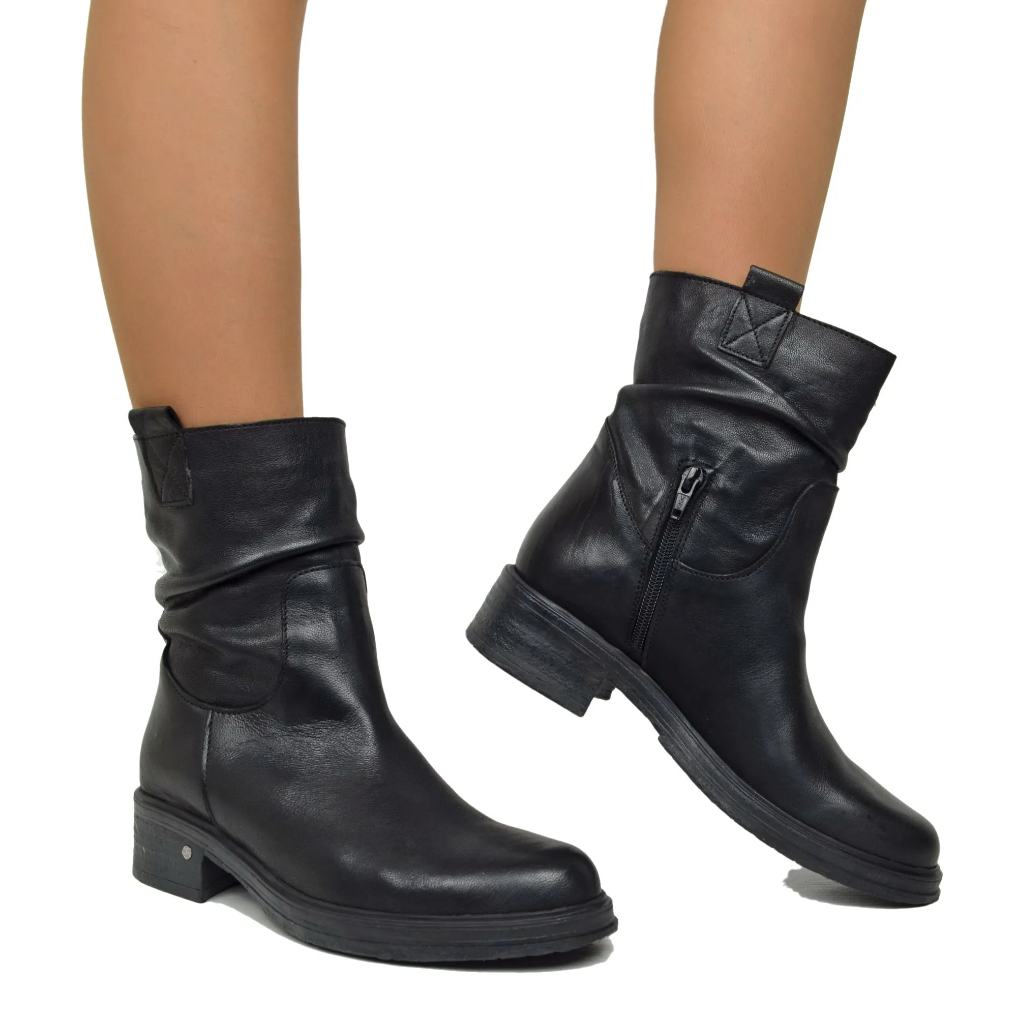 Biker Vera Pelle Effetto Washed Nera Caviglia Fondo Gomma
