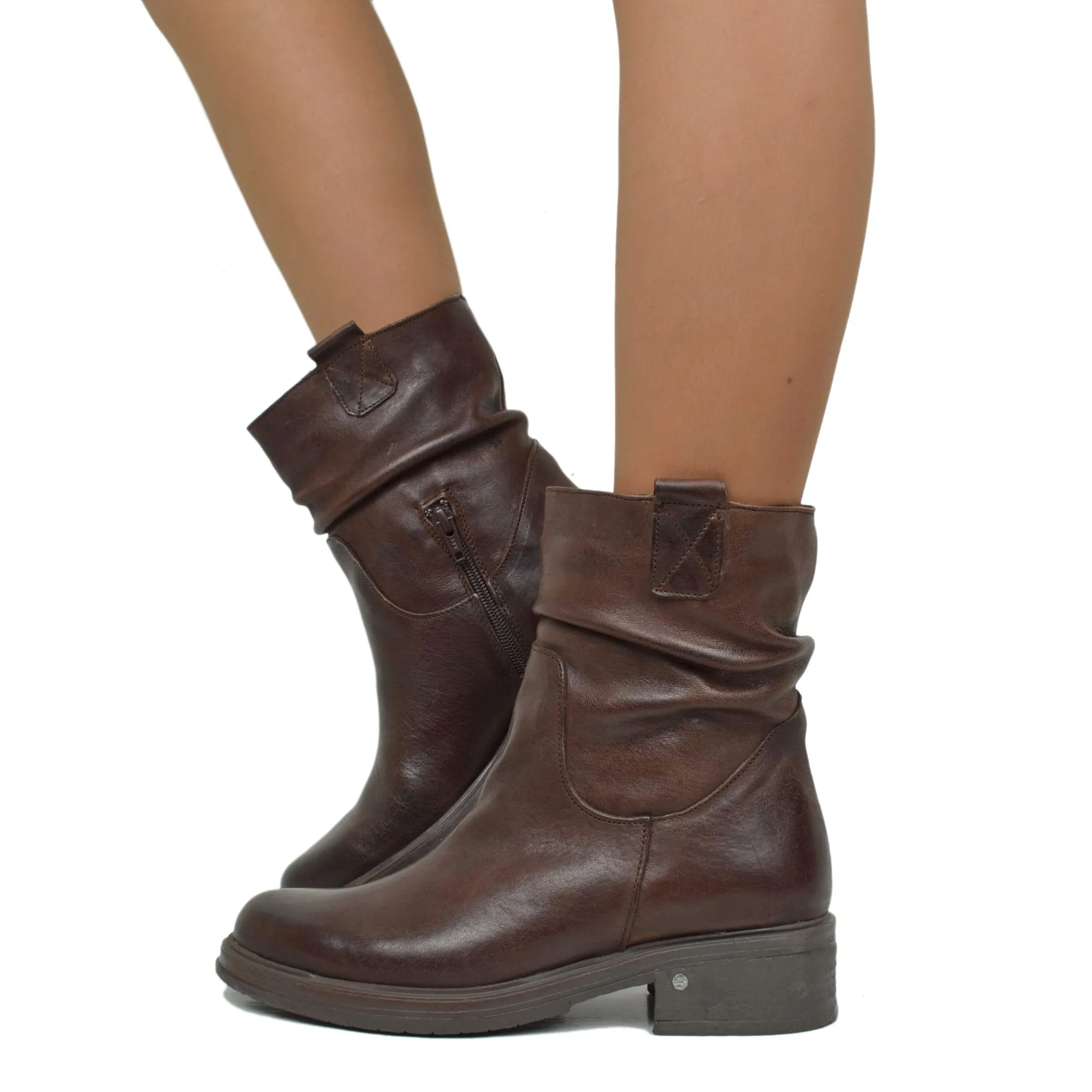 Biker Vera Pelle Effetto Washed Testa di Moro Caviglia Stretta Fondo Gomma