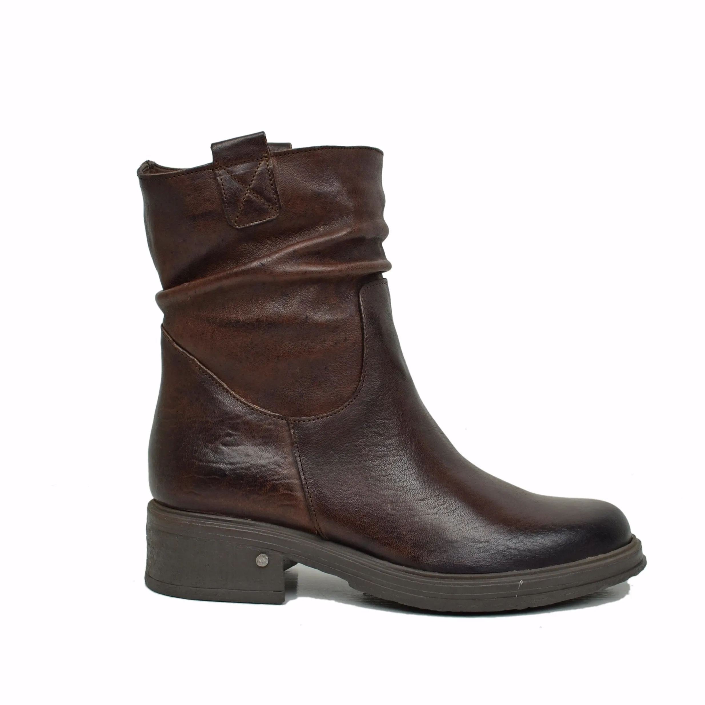 Biker Vera Pelle Effetto Washed Testa di Moro Caviglia Stretta Fondo Gomma