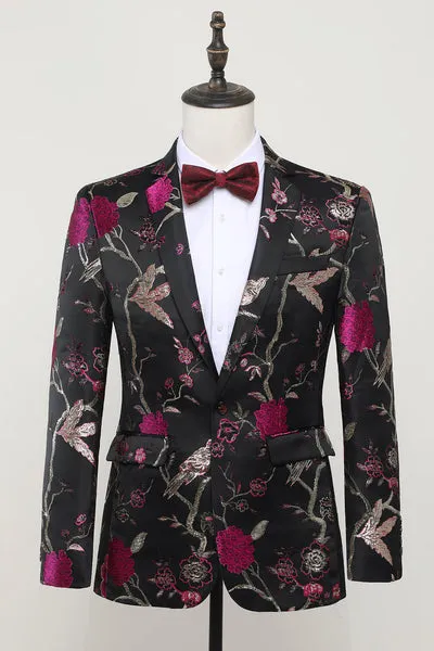 Blazer con revers dentellato in raso jacquard nero