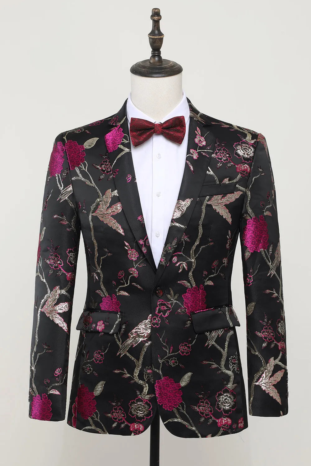 Blazer con revers dentellato in raso jacquard nero