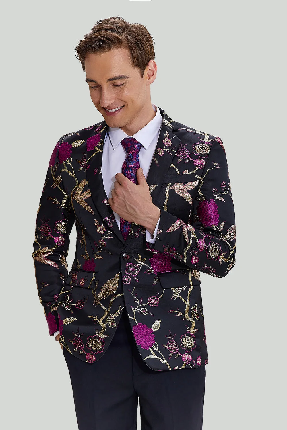 Blazer con revers dentellato in raso jacquard nero