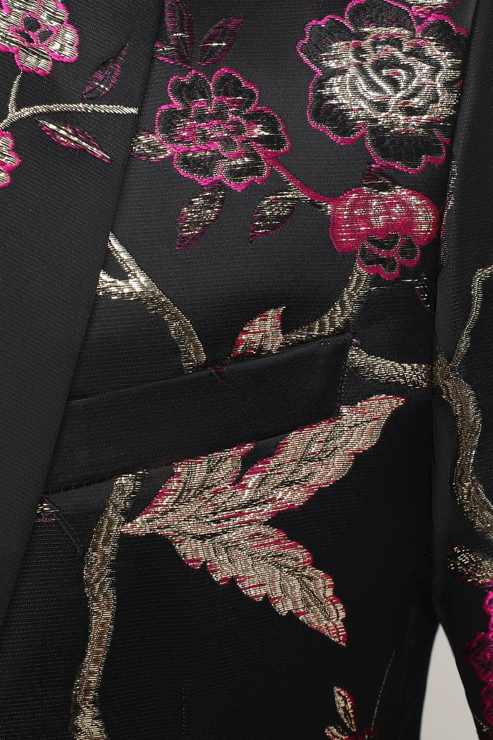 Blazer con revers dentellato in raso jacquard nero